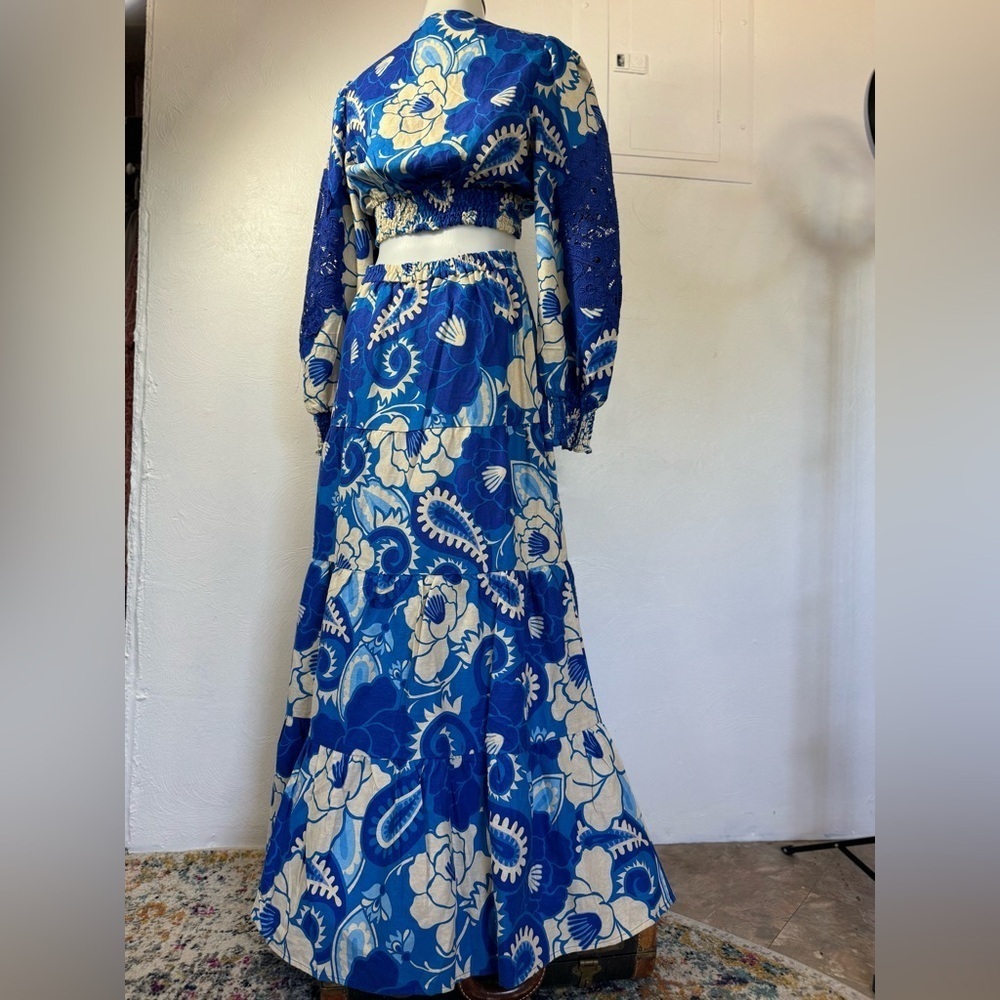 House of Harlow Long Sleeve Repeat Linen Top Tiered Skirt Set Matching flower - Picture 8 of 12